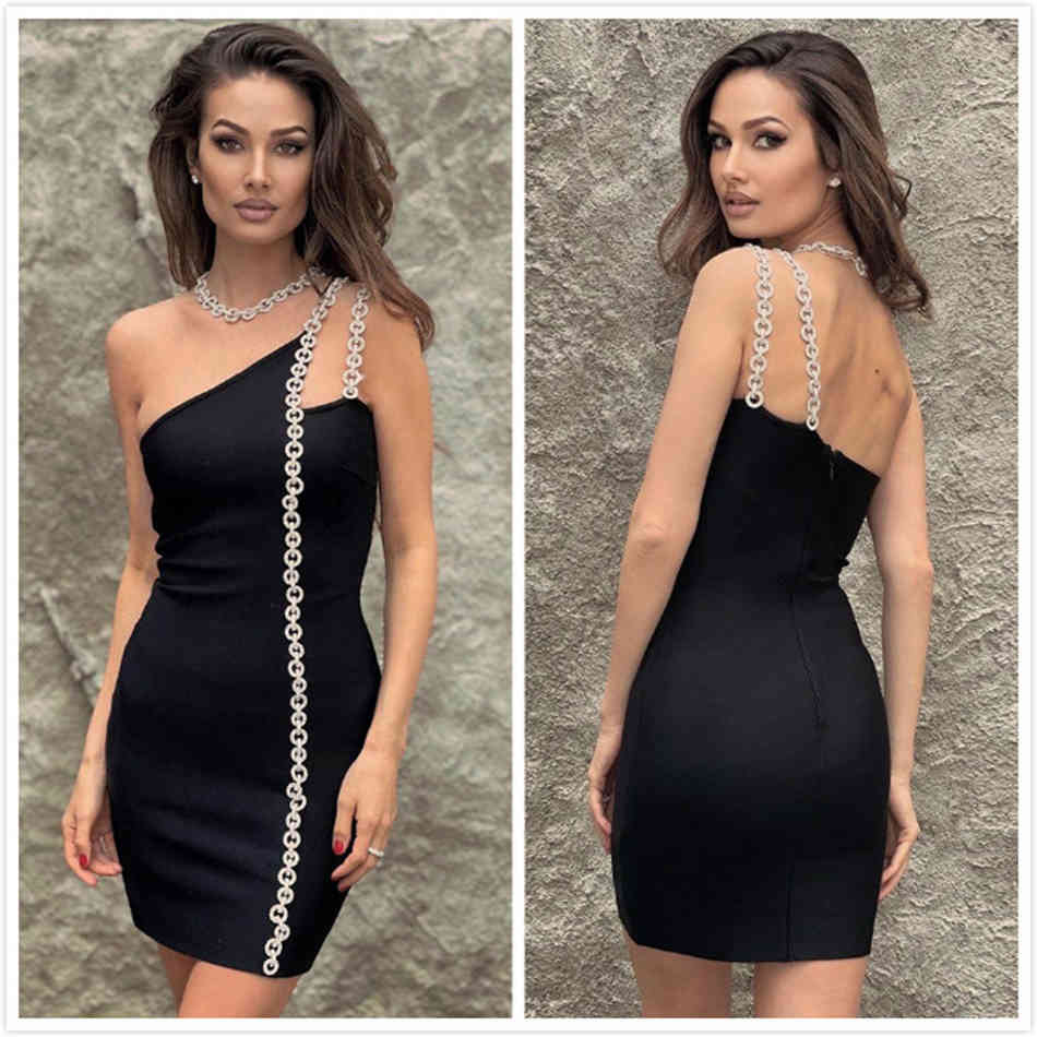 Free Summer Women Black Bodycon Bandage Dress Sexy Irregular One- Celebrity Club Party Dresses 210524