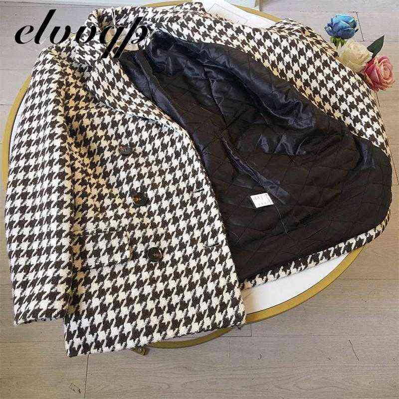 Autumn Winter Blazer Woolen Coat Women Fashion Elegant Double Breasted Houndstooth Thick Office Work Jacket Suit With Waist Bag 211116