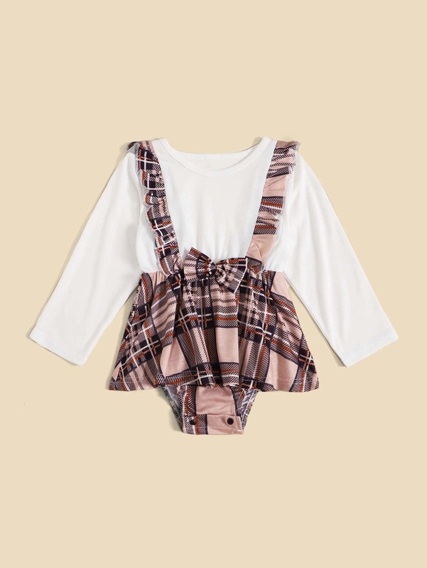 Baby 1pc Plaid Print Ruffle Trim 2 In 1 Combo Bodysuit Dress SHE