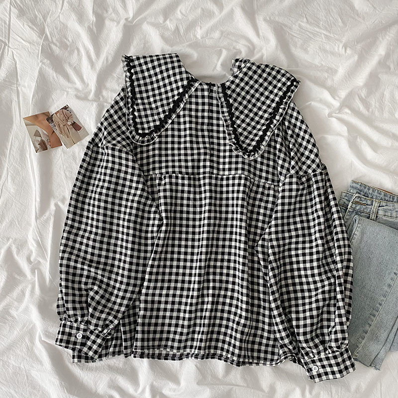 Kimutomo Chic Plaid Shirt Spring Women Korean Fashion Female Peter Pan Collar Long-sleeved Elegant Top Casual 210521