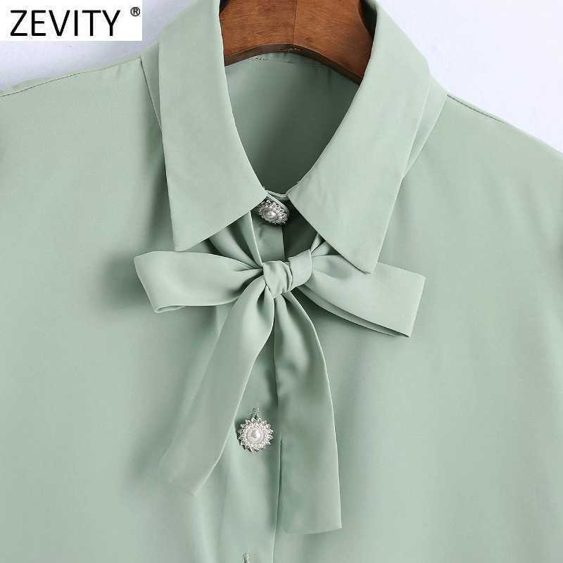 Zevity Women Sweet Bow Tie Solid Casual Shirt Office Lady Pleat Short Sleeve Blouse Roupas Chic Diamond Button Blusa Tops LS9415 210603