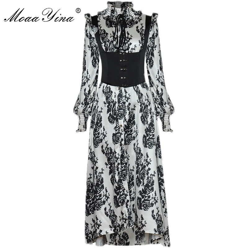 Fashion Designer dress Spring Women's Dress Ruffles Stand collar Long sleeve Floral Print Dresses+Girdle 210524, Black
Fashion Designer dress Spring Women's Dress Ruffles Stand collar Long sleeve Floral Print Dresses+Girdle 210524, Black