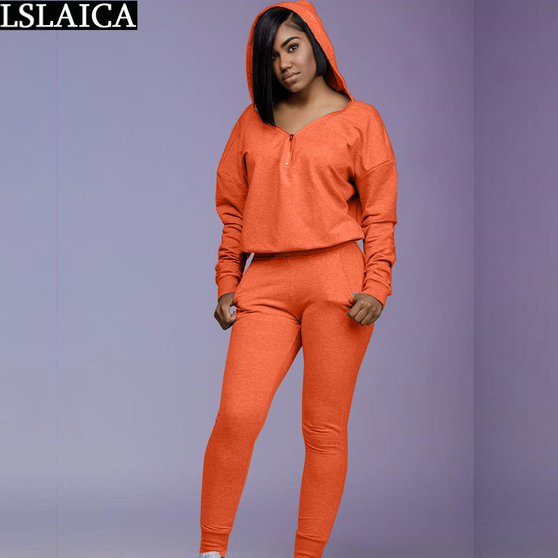 2 Piece Casual Women Sets Long Sleeve V Neck Hoodies Tops Zipper Pencil Pants Strappy Sportswear Fashion Female Tracksuit Autumn 210520