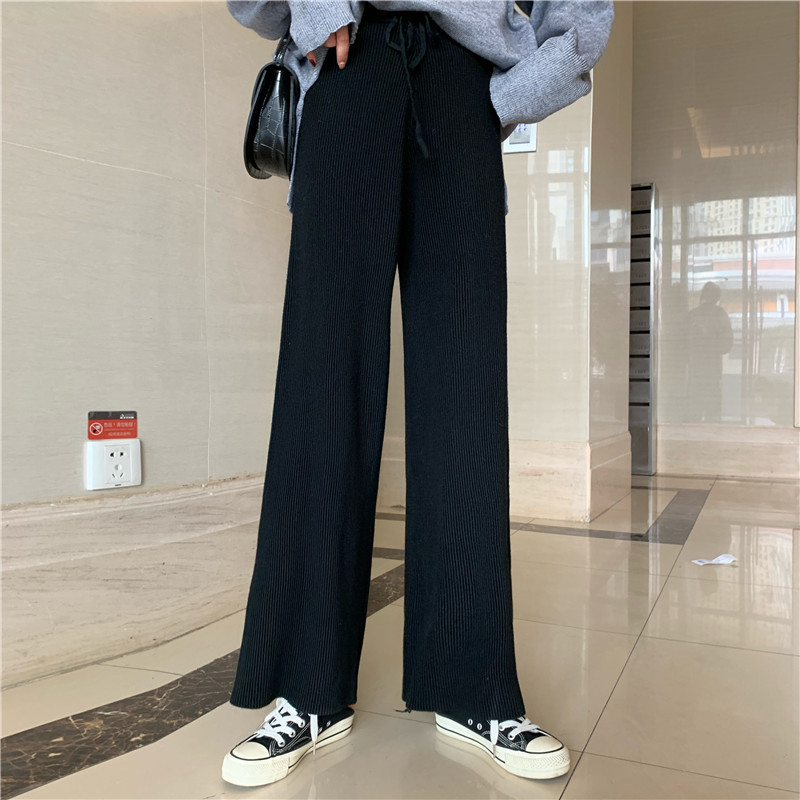 Nomikuma Women Knitted Wide Leg Pants Korean Solid Causal Long Trousers Lace Up Stretch High Waist Sweater Pants Feminimos 6D027 210427