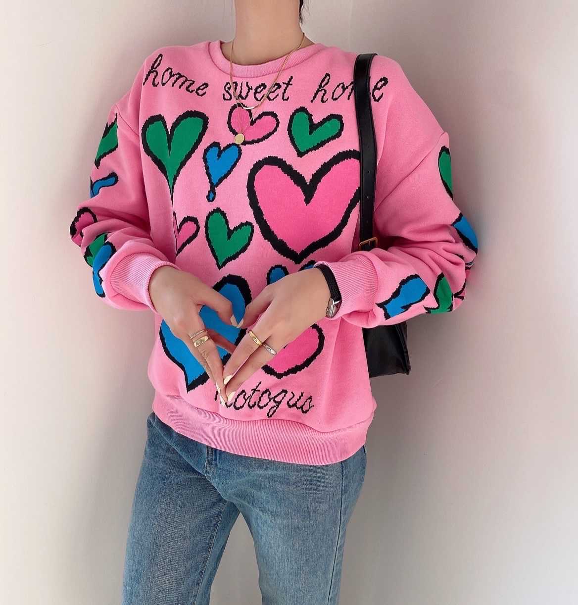 Women's Sweaters Autumn Winter Warm Fleece Hoodie Women Korean Fashion Kawaii Sweet Heart Print Pink Sweatshirt Pullovers Hoodies