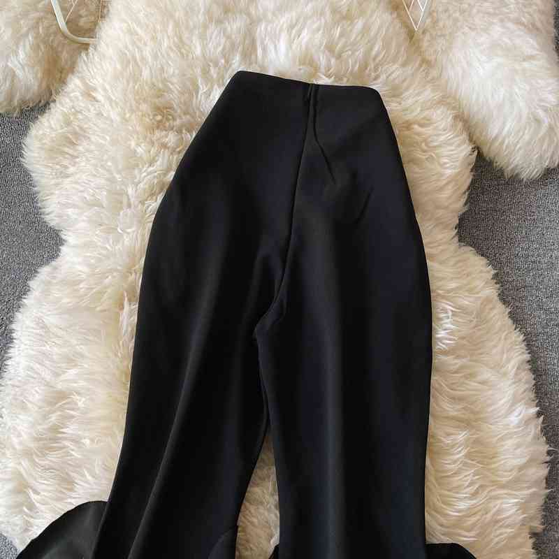 Fashion Ruffle Flare Pants Black Women Bodycon High Waist Bell-Bottoms Pant Chic Solid Color Trouser Streetwear 210506