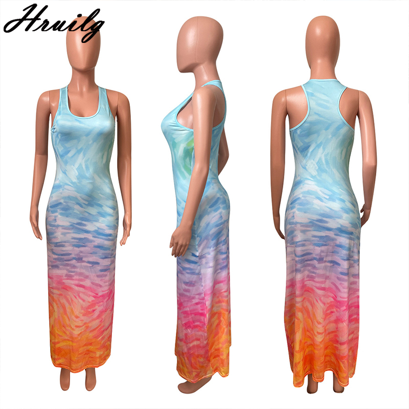 Woman Clothing Sleeveless Tie Dye Print Summer Beach Holiday Plus Size Dress for Women Party Club Night Elegant Robe Femme 210513