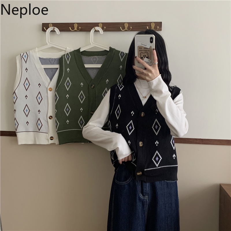 Neploe Sweater Vest Casual V-Neck Sleeveless Vintage Sweater Cardigan Jacket Korean Jacquard All-match Outer Wear Waistcoat 210422