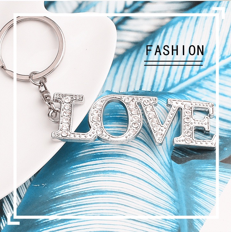 Metal creative English letter love inlaid diamond Keychain cross key accessories small gift