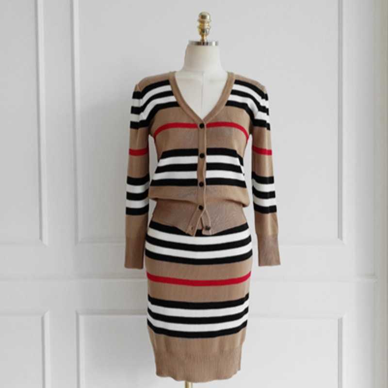 Autumn 2 Piece Suit Ladies Winter Knitting Striped Korea Long Sleeve V Neck Tops and Mini Skirt Sexy Set for Women Clothing 210708