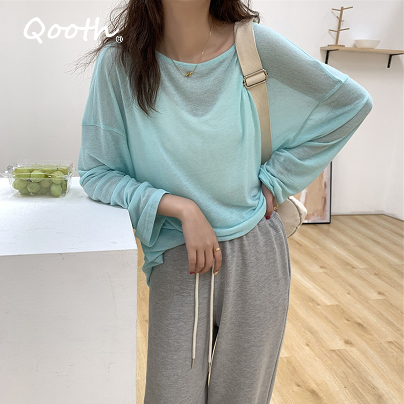 Qooth O-neck Loose Transparent Sunscreen Shirt Womens Summer Solid Long Sleeve Causal Shirt All Match Soft Straight Tops QT651 210518, Blue
Qooth O-neck Loose Transparent Sunscreen Shirt Womens Summer Solid Long Sleeve Causal Shirt All Match Soft Straight Tops QT651 210518, Blue