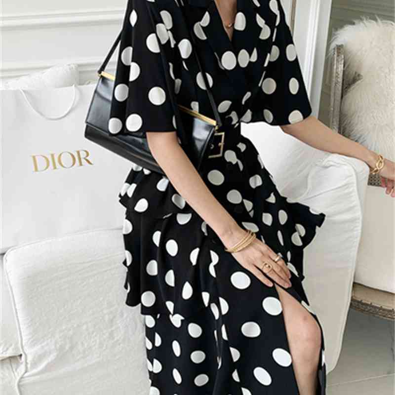 Fashion Elegant Office Ladies Summer Dress Women's Short Sleeve Slim Waist Double Breasted Ruffle Vestidos With Belt 210520