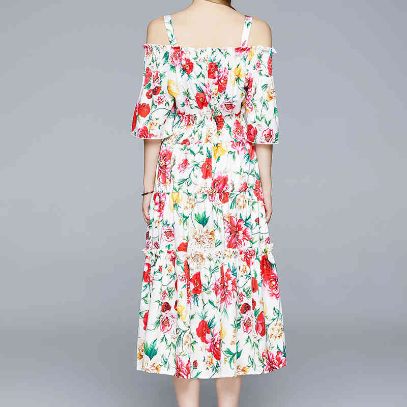 est Summer Holiday Dress Runway Women's Rose Print Spaghetti Strap Sexy Slash Neck Elastic Waist Long Dresses 210506