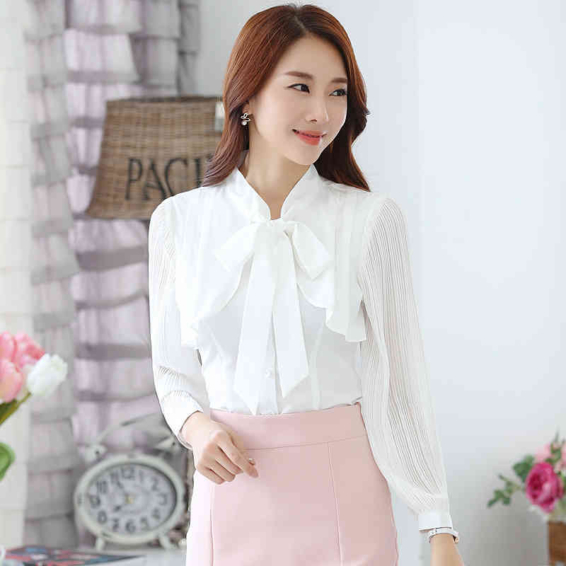 Fashion Women Blouses Solid Chiffon Shirt Bow Collar Office Tops Female Long Sleeve Shirts 2397 50 210508