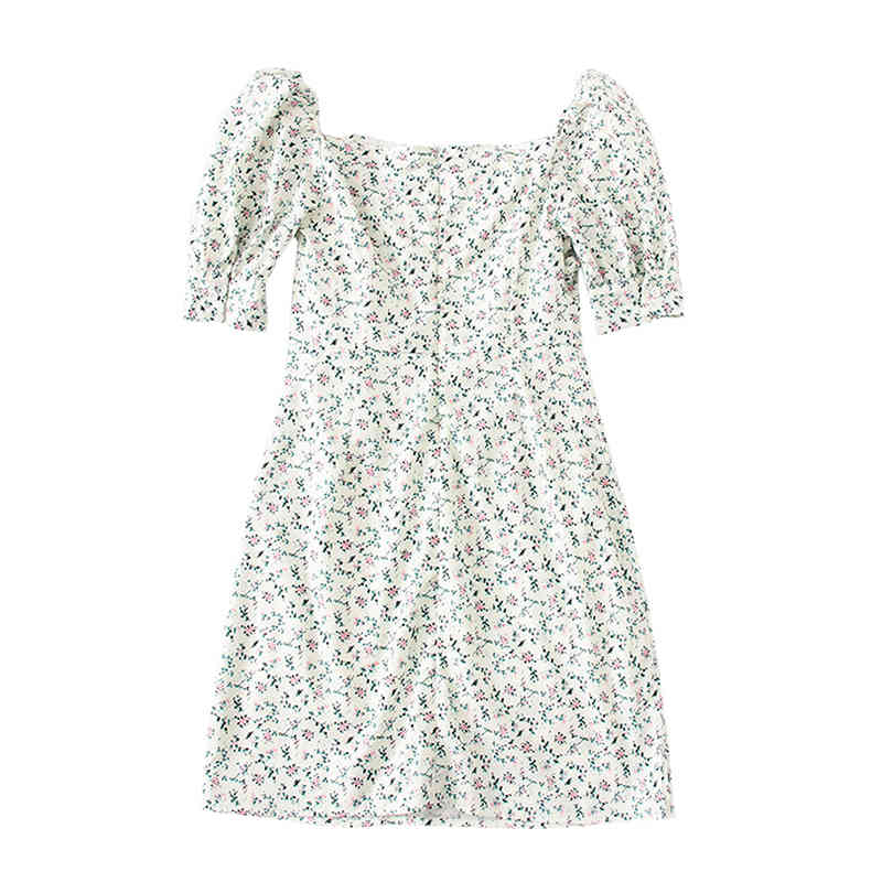 Summer Dress Retro Boho Women Tie Neck Floral Print Mini Sexy White Puff Sleeve Korean Vestidos 210521