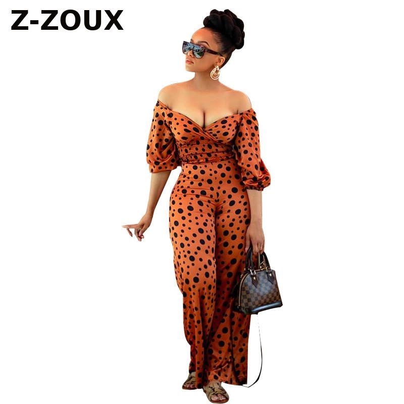 Women Jumpsuit Puff Sleeves Off Shoulder Sexy Rompers s Plus Size Dot Fashion 210524