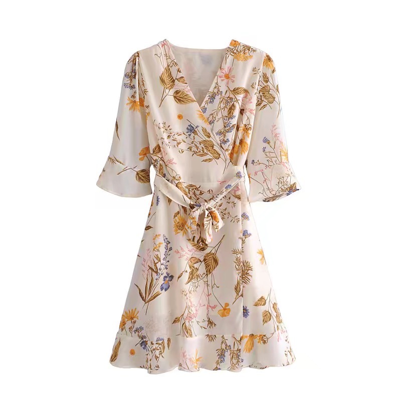French Women Dress Half Sleeve Holiday Bow Tie Sashes Floral Print Short Party Dresses Slim fit Vestido 210429