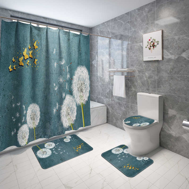 Blue Shower Curtain 4 Piece Carpet Cover Toilet Cover Bath Mat Pad Set Bathroom Curtain with 12 Hooks Home 210609