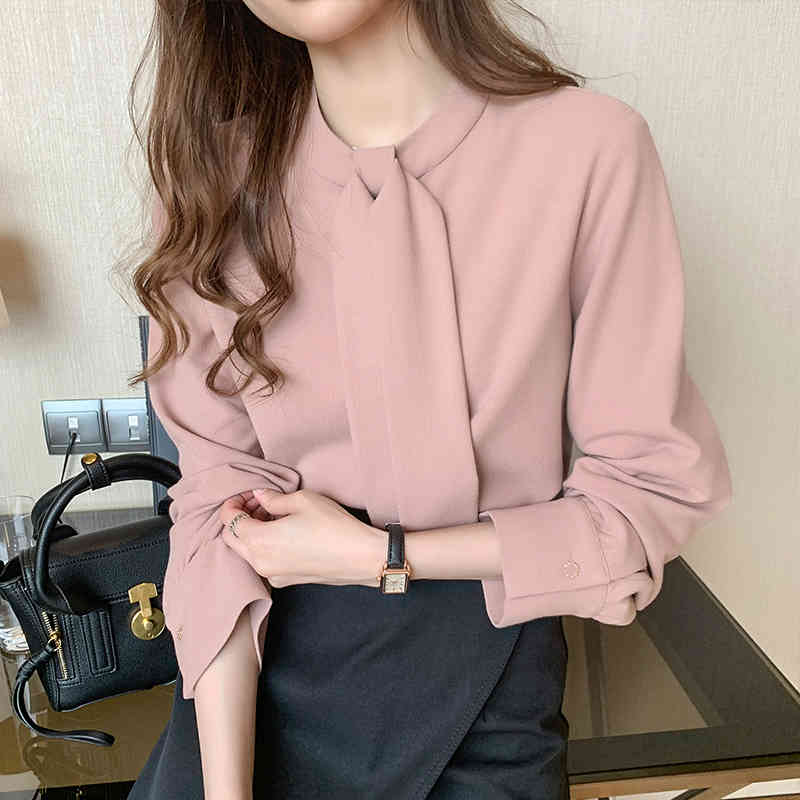 Autumn Long Sleeve Chiffon Blouse Shirt Women Tops Blouse Women Blusas Mujer De Moda Stand Collar Blouse Women Shirts D525 210323