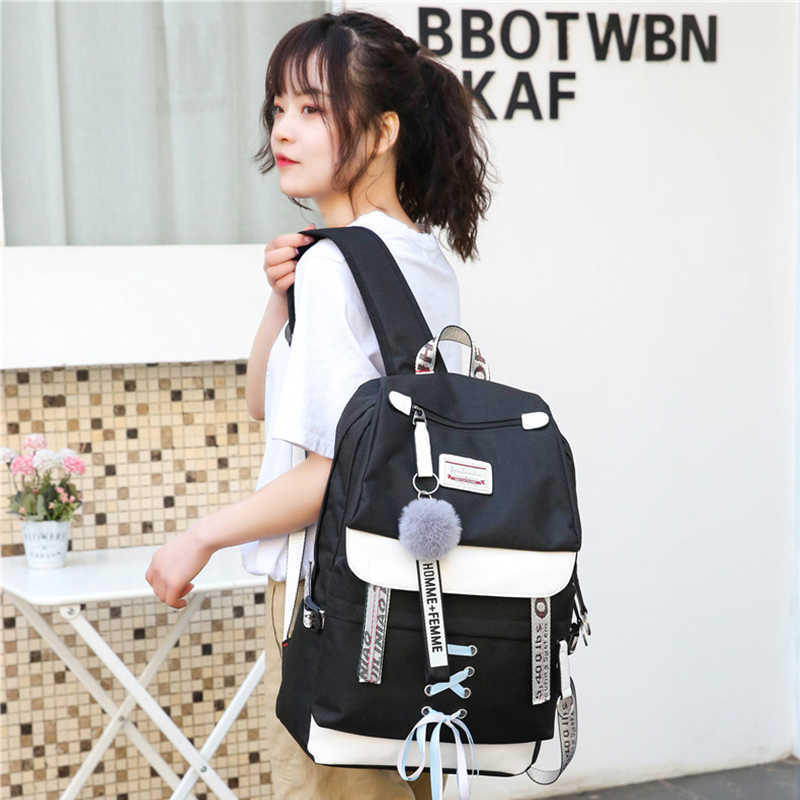 Canvas Usb School Bags for Girls Teenagers Backpack Women Bookbags Black Large Capacity Middle High College Teen Schoolbag 211013