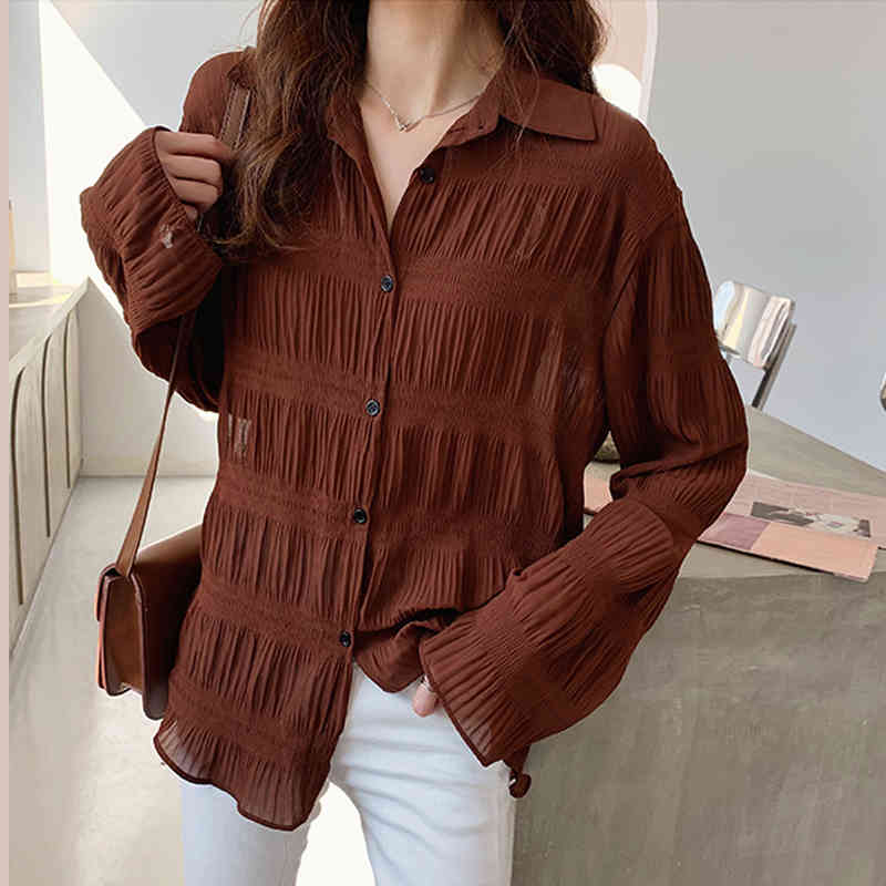 Autumn Women Tops Blouse Casual Flare Long Sleeve Cardigan Shirts Plus Size 4XL Chiffon Ladies' Clothes 8803 210427