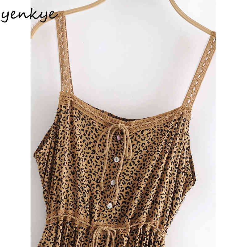YENKYE Sexy Spaghetti Strap Vintage Leopard Dress Women Sleeveless Drawstring Waist A-line Casual Sling Long Dress Summer Robe 210515