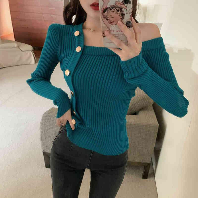 Fashion Korean Women Sweater Elegant Sexy Single-Breasted Long Sleeve Slim Knitt Sweaters Jumper Soft Warm Pull Femme 210519