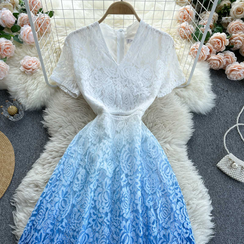 DEAT Summer Arrivals V-neck Short Sleeve Gradient High Waist A-line Lace Long Dress MZ727 210709