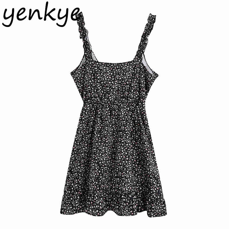 Floral Print Ruffle Wrap Dress Women V Neck Sleeveless Sexy Sling Beach Sundress Female A-line Short Summer Dresses BBWM2220 210515