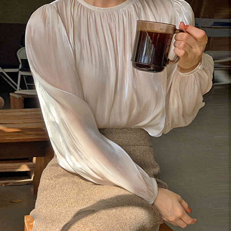 Nomikuma Korean Pleated O-neck Blouse Causal Solid Long Sleeve Pullover Tops New Autumn Women Blusas Shirt 6D479 210427