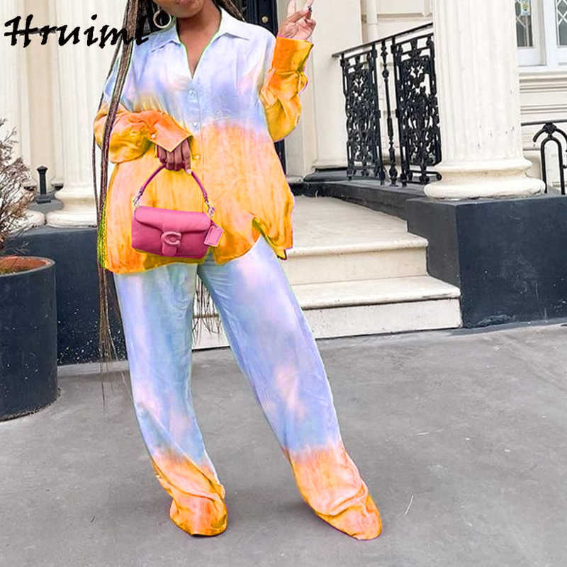 Suit Women Two Pice Autumn Arrival Fashion Long Sleeve Shirts Wide Leg Pants Female Suit Loose Tie-dye Printed Women Sets 211118