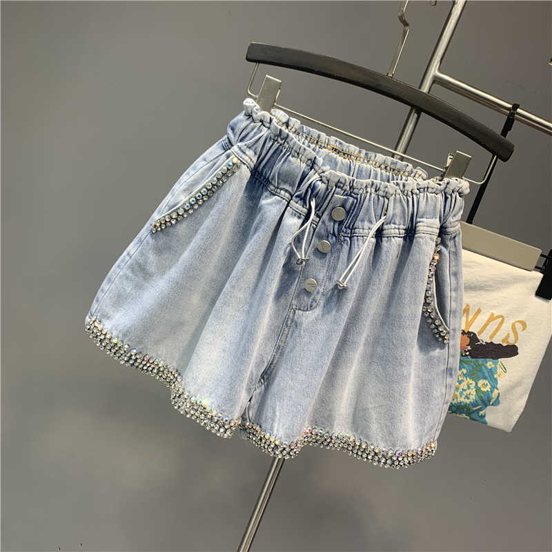 Summer European Women Exquisite Denim Shorts Ladies Fashion Plus Size Loose Wide Leg A- Line Jeans Pants 210809