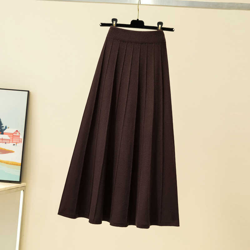 Women Knitted Ribbed Pleated Midi Skirts Solid Warm A-Line Skirt Female Winter Autumn Trendy Elegant Ladies Bottoms Girls 210619