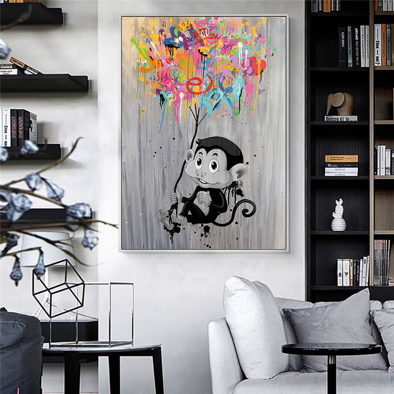 Graffiti Monkey Balloon Canvas Prints Painting Abstract Wall Art Animal Poster Decorative Picture for Room Home Decor Cuadros