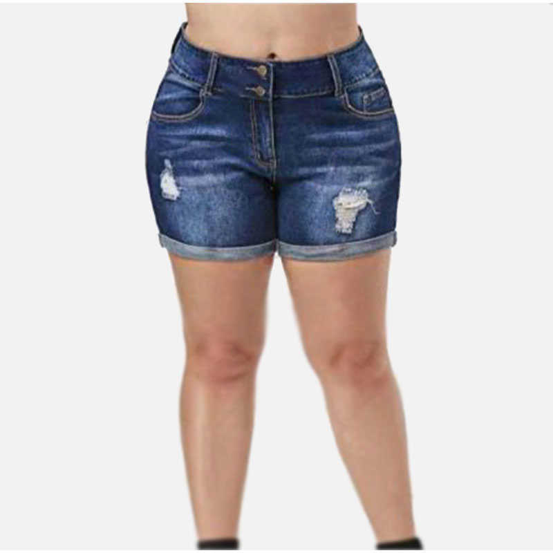 Plus Size Streetwear Push Up Slim Hip Cuffed Short Jeans 3xl 4xl Summer Korean Holes Women Ripped Casual Denim Shorts 210611