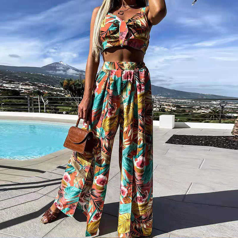 Print Boho Pant Suits Summer Women 2 Piece Sets Spaghetti Strap Crop Tops Split Wide Leg Pants 2021 Sexy Beach Vacation Outfits Y0625