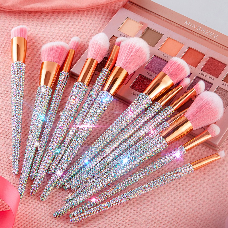 Bling 12Pcs Rhinestone Hair Diamond Glitter With Shiny Handle Makeup Brush Set For Women