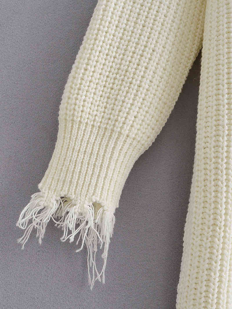 autumn winter women white V-neck tassel mid-length high waist loose pullover knitted sweater tops mujer suteres 210508