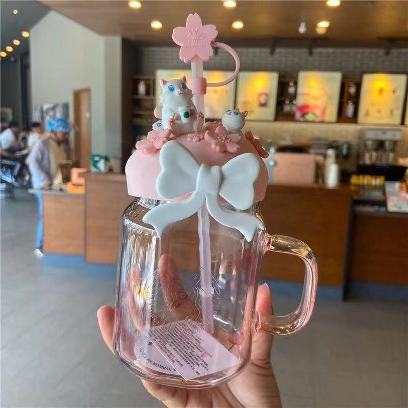 

600ML Pink Sakura Cute Cat Starbucks Straw Mugs Glass Cold Drink Cup Gift Product