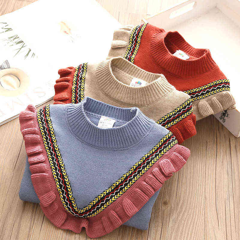 Autumn Spring 2 3-10 12 Years Children'S Clothing O-Neck Knitted Pullover Cotton Ruffles Patchwork Kids Baby Girls Sweater 211104