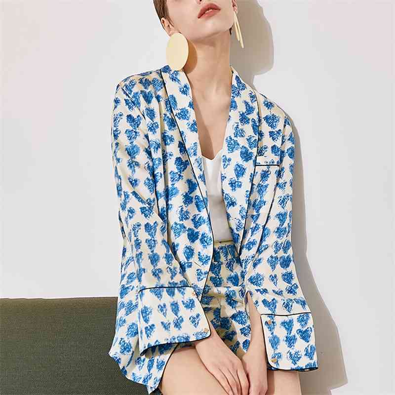 Free Elegant Women's Satin Printed Blazer Set Lapel Long Sleeve Double Breasted & High Waist Shorts 210524