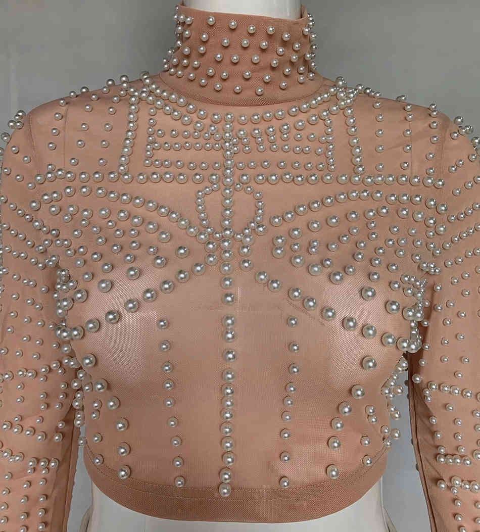 Summer Women's 2-Piece Two-piece Mesh Beaded Top + Pencil Skirt Female Bandage Sexy Celebrity Party Set 210525