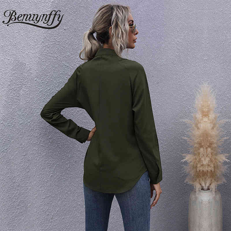 Stand Collar Knot Front Casual Women Shirt Spring Button Up Long Sleeve Blouses Shirts OL Female Solid Tops 210510