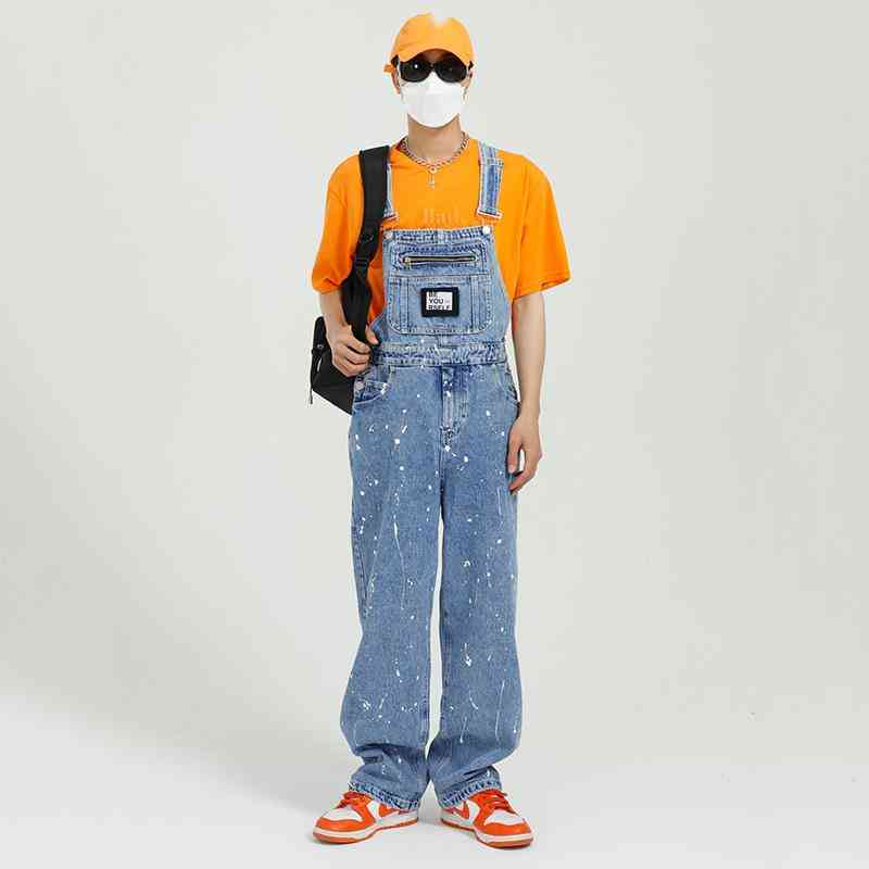 IEFB Men's Clothing Blue Denim Overalls Fashion Loose Wash Do Old Splash Ink Jeans Jumpsuit For Male Summer 9Y6781 210524