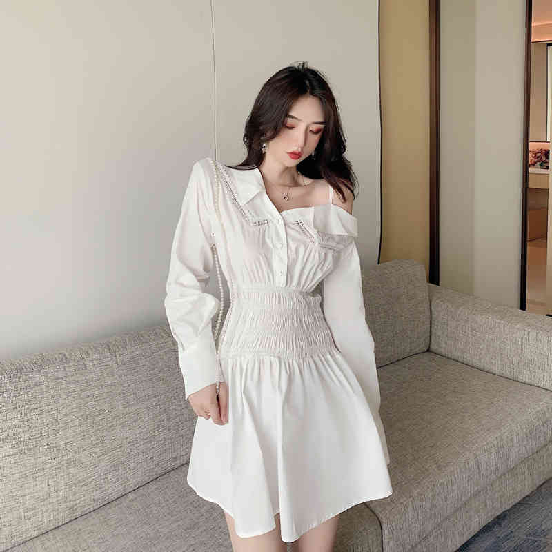 Spring and Autumn Korean Style Long Sleeve Shirt Dress Cropped shoulder Splicing Lace dress Casual Dresses 210506