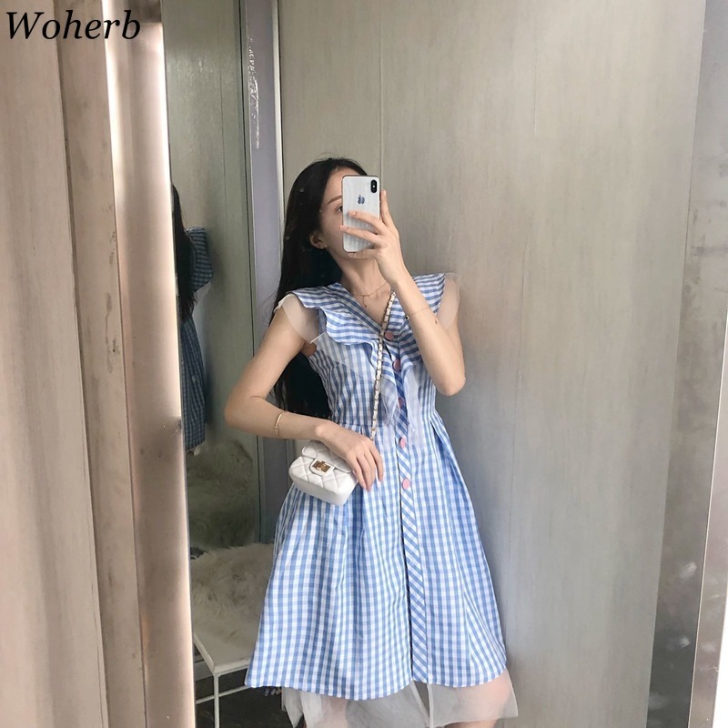 Elegant Sleeveless Plaid Dress Women Casual All Match Lace Patch Cute Robe Harajuku Midi Dresses Vestidos Mujer 210422