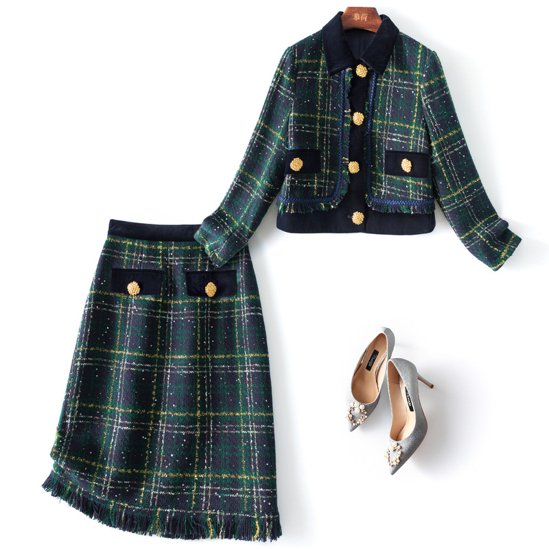 2022 Spring Long Sleeve Lapel Neck Green Plaid Tweed Panelled Single-Breasted Short Coat + Mid-Calf Fringe Skirt Two Piece Suits 2 Pieces Se, White
2022 Spring Long Sleeve Lapel Neck Green Plaid Tweed Panelled Single-Breasted Short Coat + Mid-Calf Fringe Skirt Two Piece Suits 2 Pieces Se, White