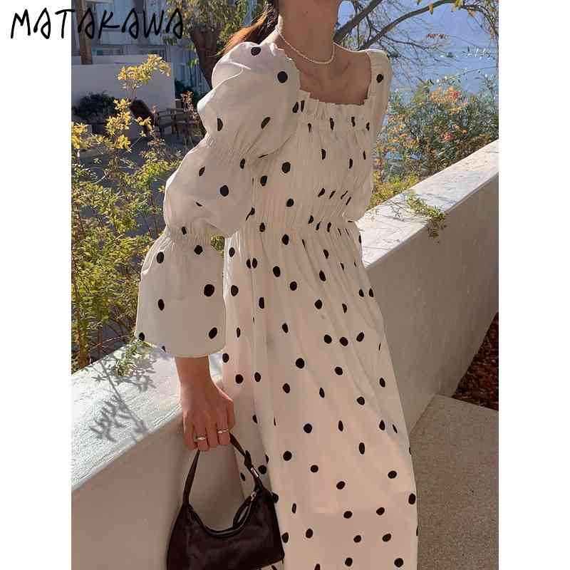 MATAKAWA Spring Square Collar Dress Korean Vestidos Polka Dot French Fashion Robe Elastic Flare Sleeve Dress for Women 210513