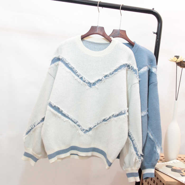 Qooth Women Fashion Pull Sweaters Casual Striped Tassel Jumpers Letters Pullovers Knitted Loose QH1778 210609