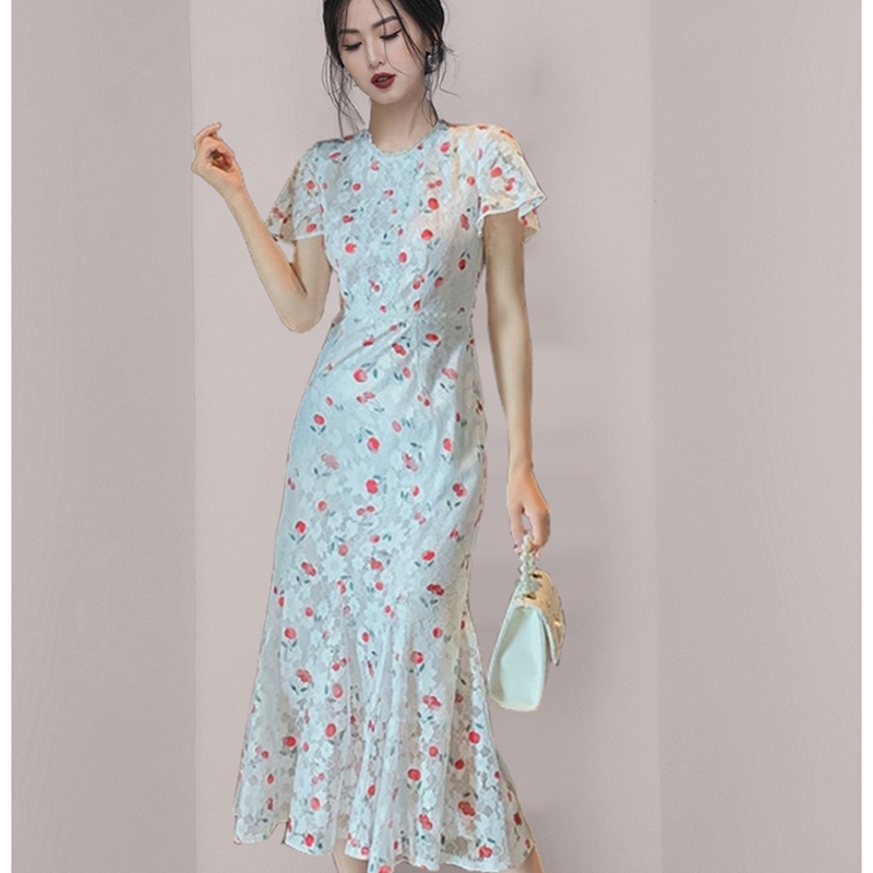Summer Elegant O-neck Cherry Print Women Dress Short sleeve Slim Bohemia Lace es A-Line Ladies Wrap Vestidos 210520